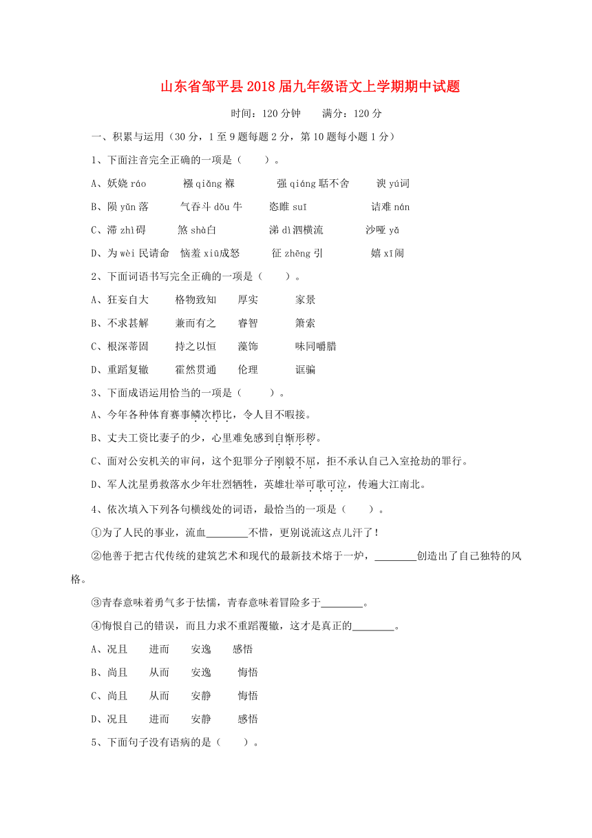 山东省邹平县2018届九年级语文上学期期中试题新人教版