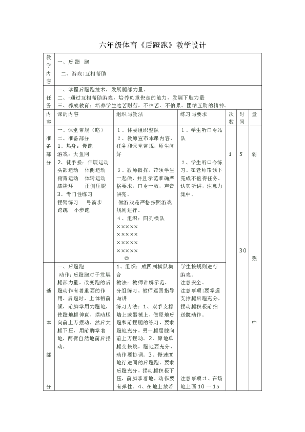 六年级体育《后蹬跑》教学设计