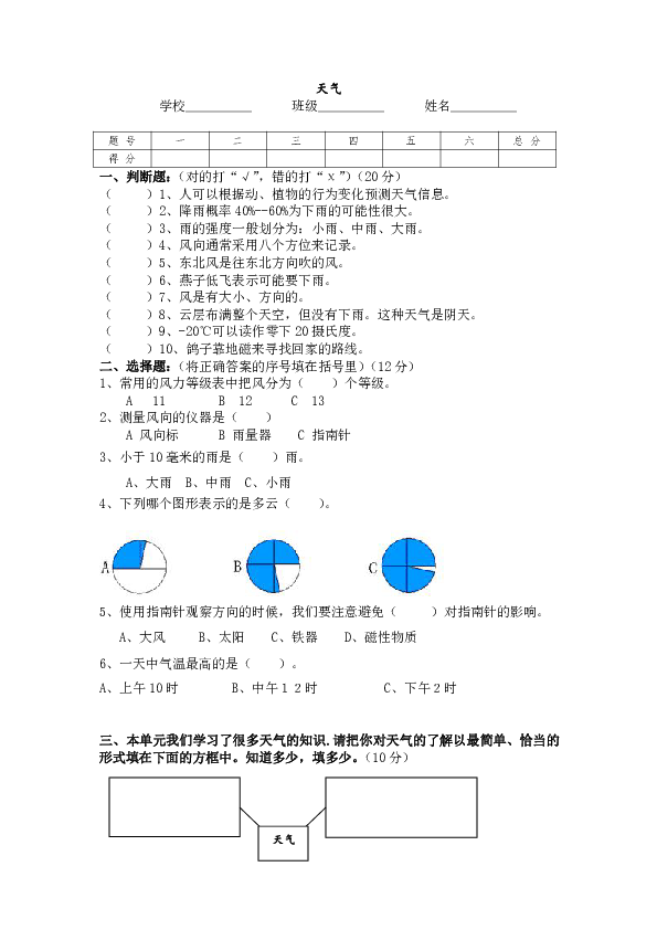 四年级上册科学试题 - 第一单元 天气 教科版  （无答案）