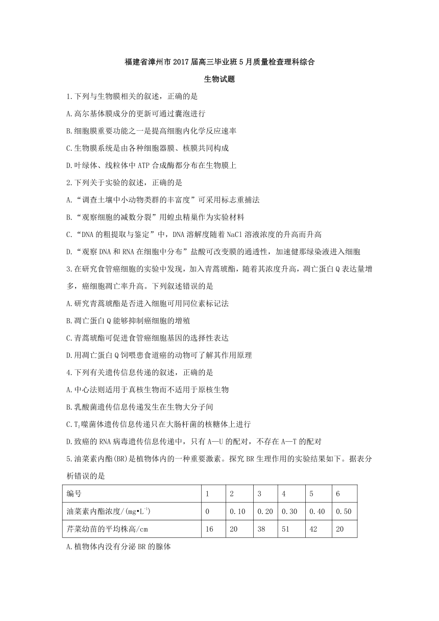 福建省漳州市2017届高三毕业班5月质量检查理科综合生物试题