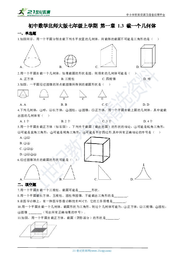 1.3 截一个几何体 同步练习（解析版）
