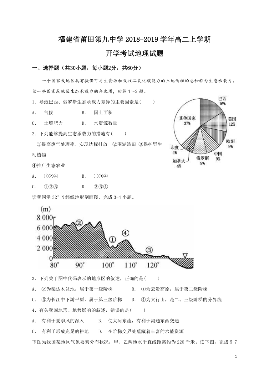 福建省莆田第九中学2018-2019学年高二上学期开学考试地理试题 PDF版含答案.pdf