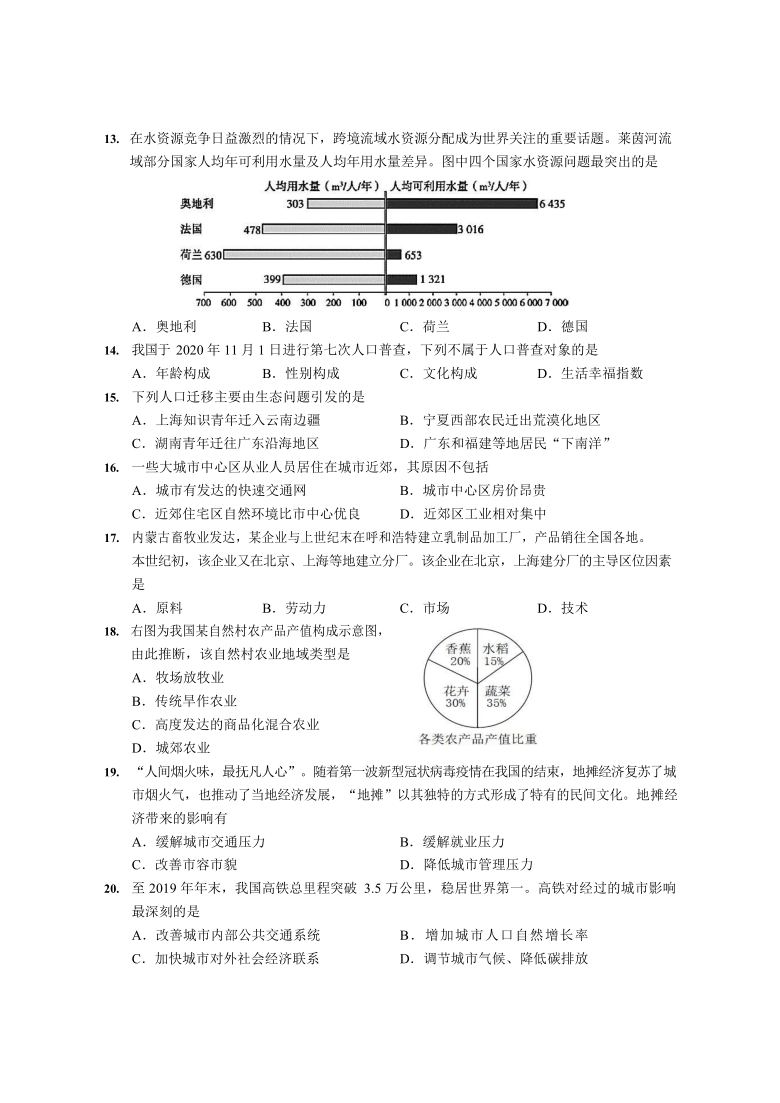 上海市崇明区2020-2021学年第一学期等级考第一次模拟考试试卷高二地理 Word版含答案