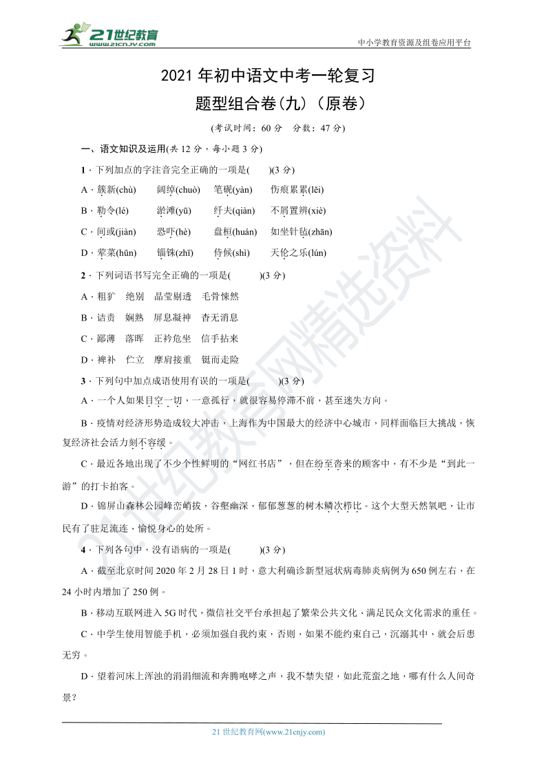 2021年初中语文中考一轮复习--题型组合卷(九)（原卷+解析卷）