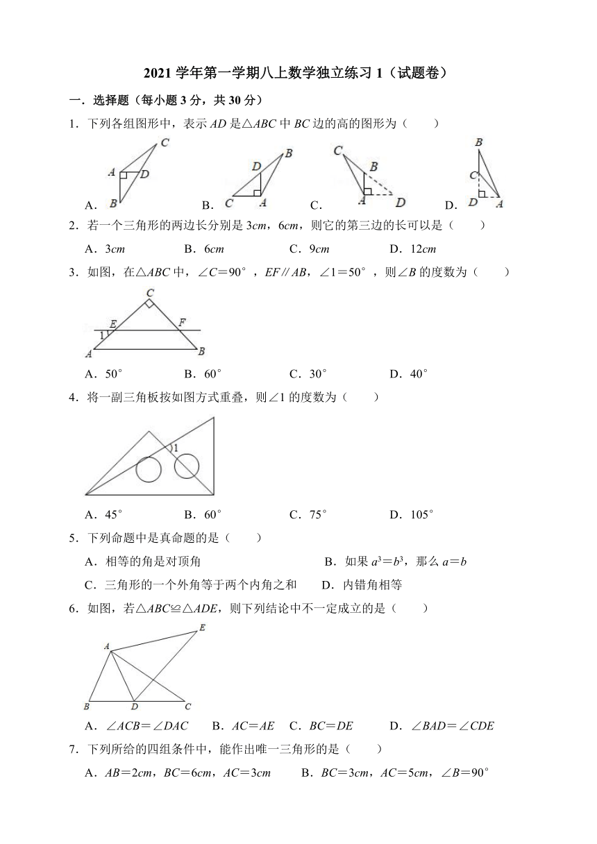 浙江省嘉兴市秀洲区高照实验学校2021-2022学年第一学期八年级10月独立作业（一）数学试题（word版，无答案）