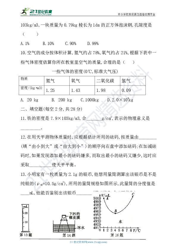 人教版八年级物理第六章《质量和密度》单元测试（附答案）