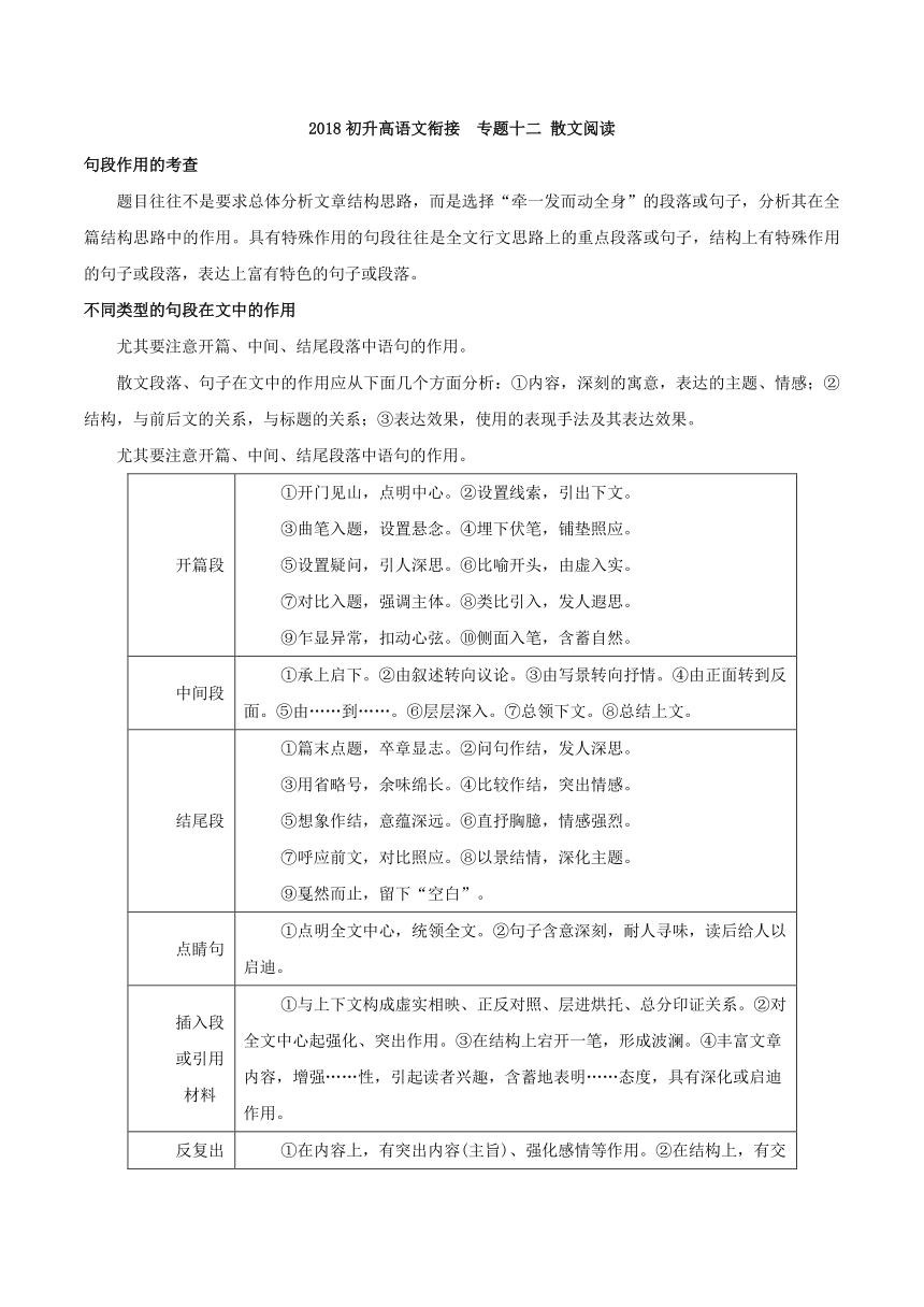 专题12散文阅读-2018初升高语文衔接