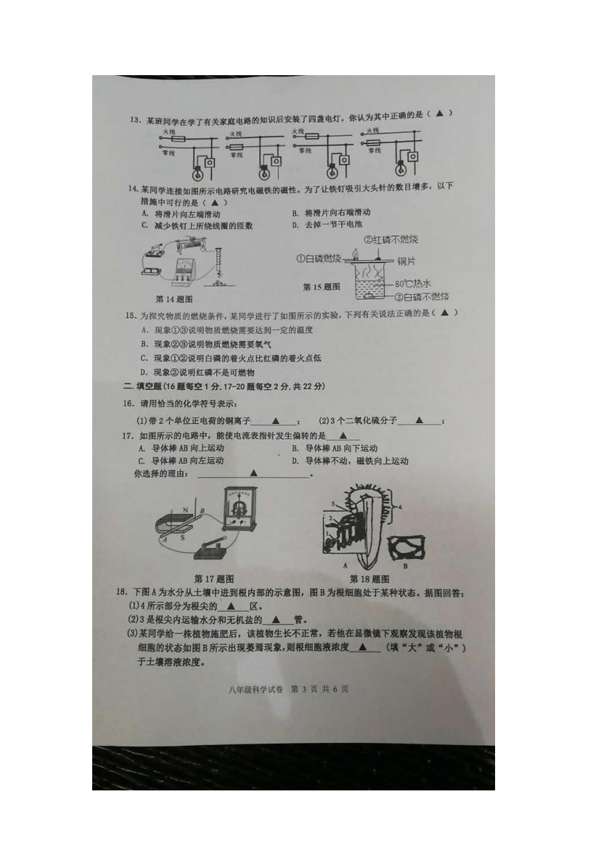 浙江省温州市平阳县2016-2017学年八年级下学期期末科学试卷（图片版）