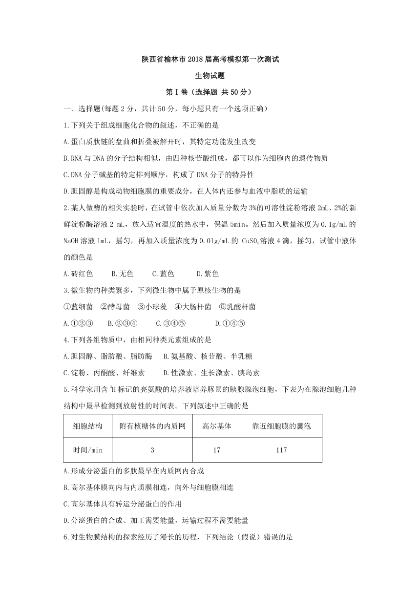 陕西省榆林市2018届高三高考模拟第一次测试生物试题