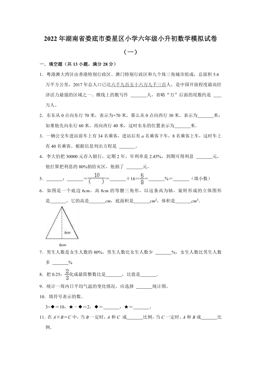 2022年湖南省娄底市娄星区小学六年级小升初数学模拟试卷一人教版含