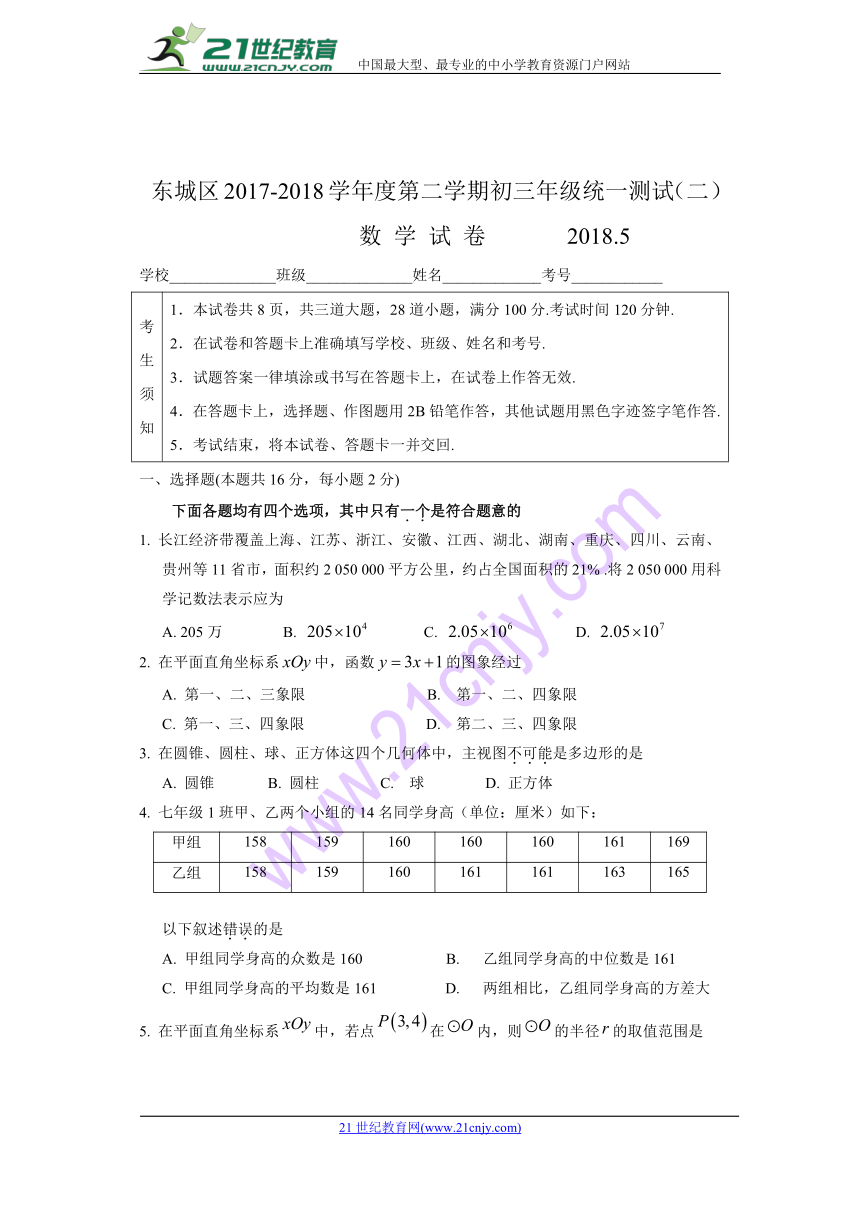 2018年北京市东城区中考二模数学试卷及答案
