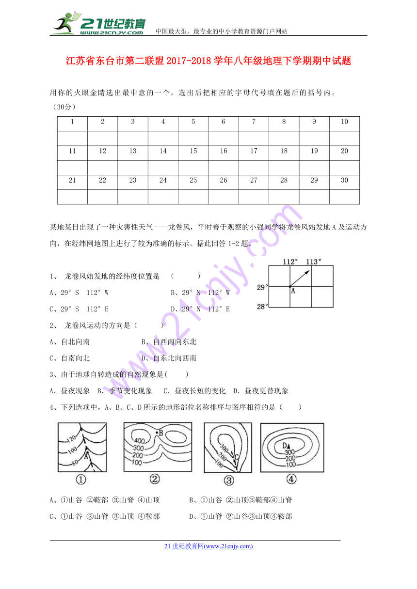 江苏省东台市第二联盟2017-2018学年八年级地理下学期期中试题新人教版