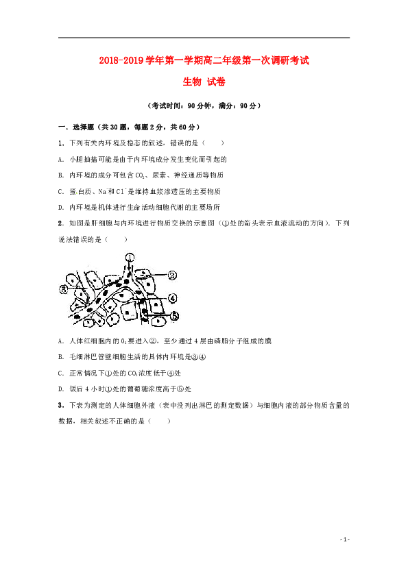 新疆兵团第二师华山中学2018_2019学年高二生物上学期第一次调研考试试题