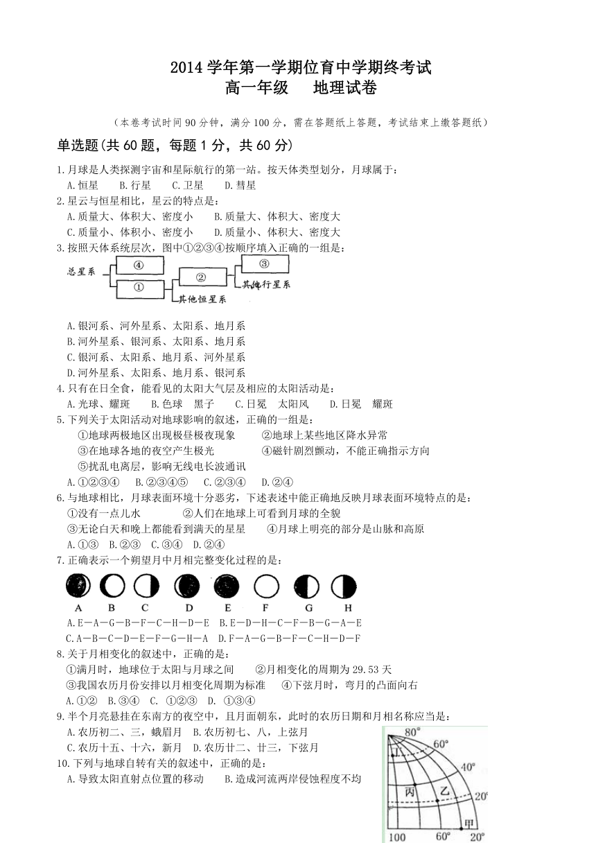 上海市位育中学2014-2015学年高一上学期期末考试地理试题 Word版无答案