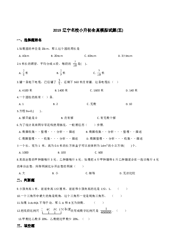 2019年辽宁名校小升初全真模拟试题(五)六年级下册数学试题 人教课标版 2014秋 (含答案)
