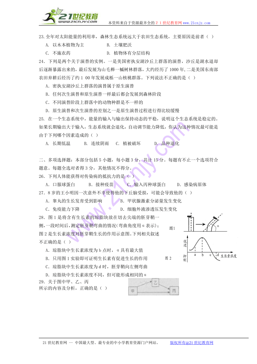 江苏省南京市第三中学2013-2014学年高二上学期期中考试生物（选修）试题