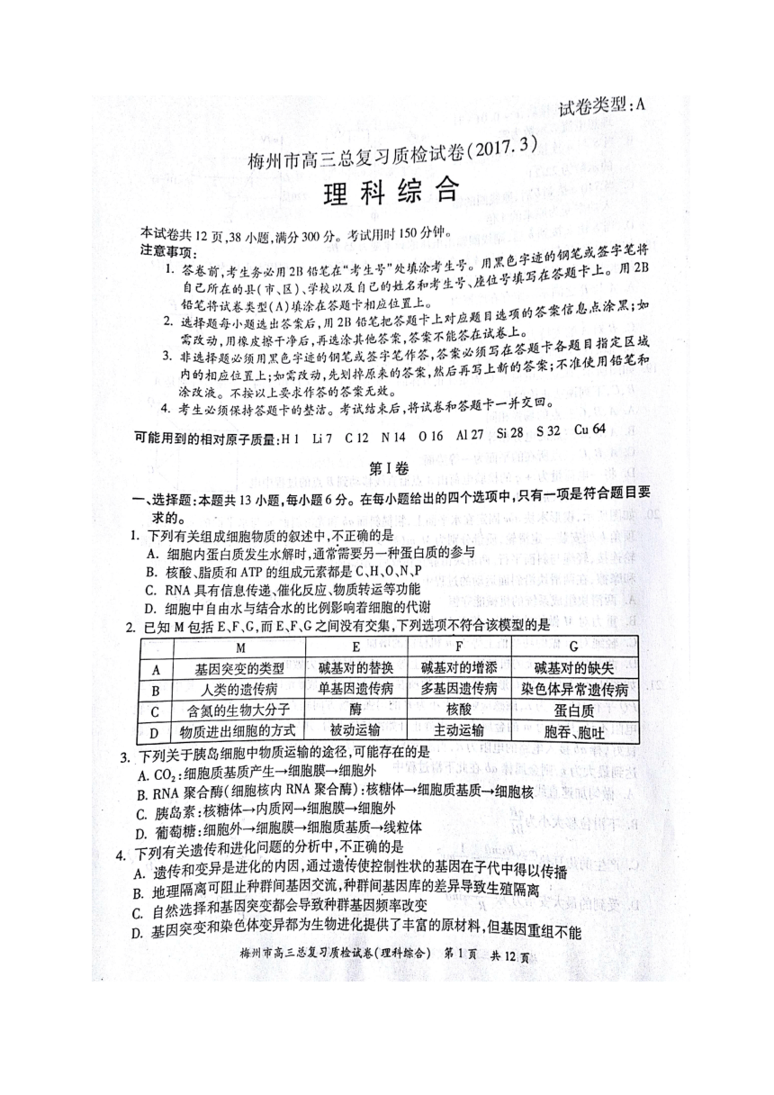 广东省梅州市2017届高三下学期一检（3月）理科综合试题（图片版含答案）