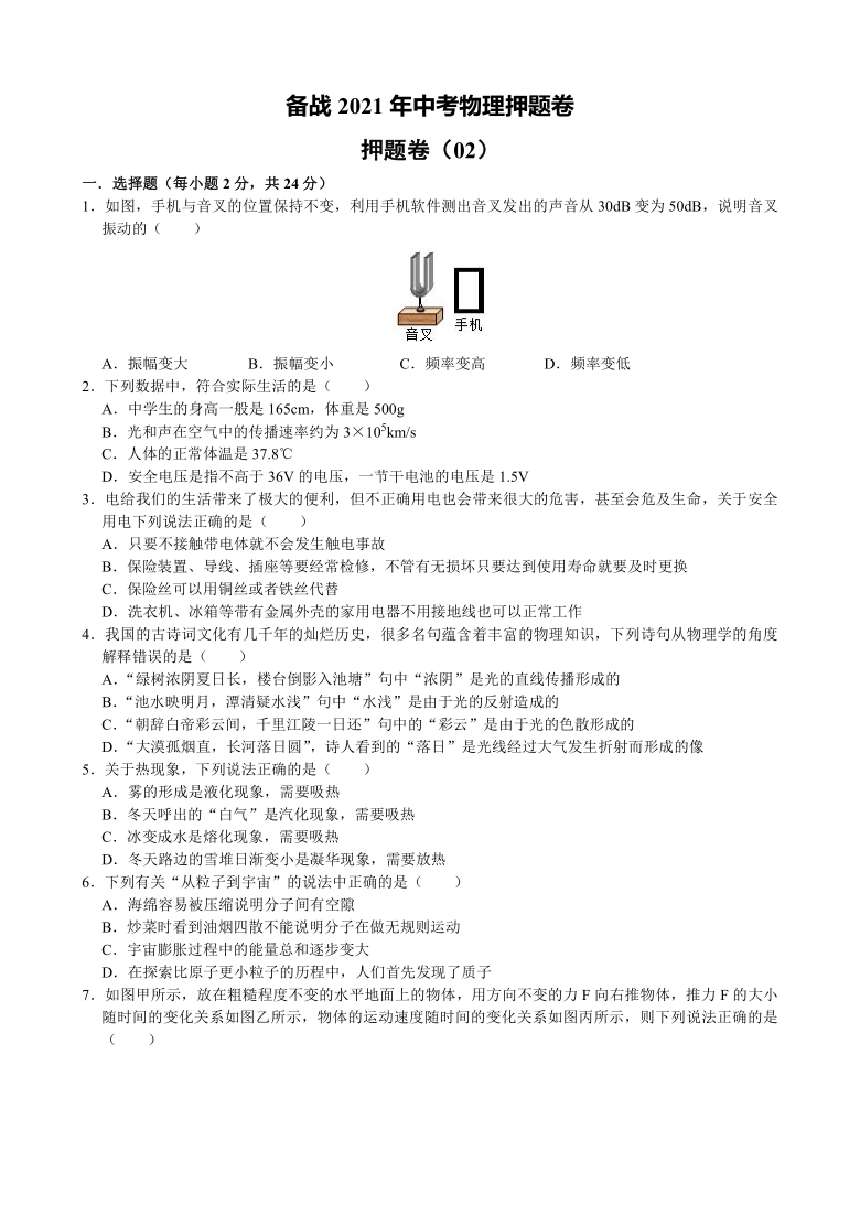 押题卷02 备战2021年中考物理押题卷卷（江苏南京专用）（有答案）