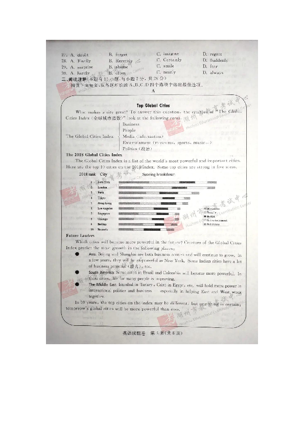 浙江省2020年初中学业水平考试(湖州市)英语试题卷有答案无听力材料和音频图片版（设置图片锐化后更清楚）