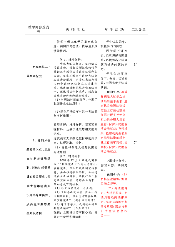 第一单元 坚持宪法至上  单元复习教案（表格式）