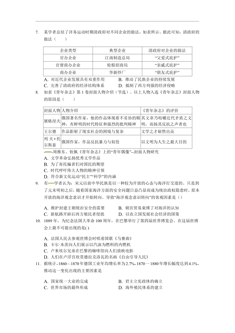 重庆市缙云教育联盟2020-2021学年高二9月月考历史试卷（解析版）