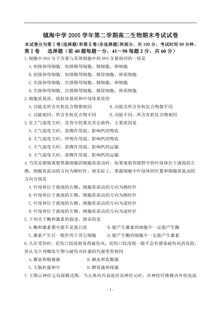 江苏镇海中学2006年第二学期高二生物期末考试试卷[下学期]