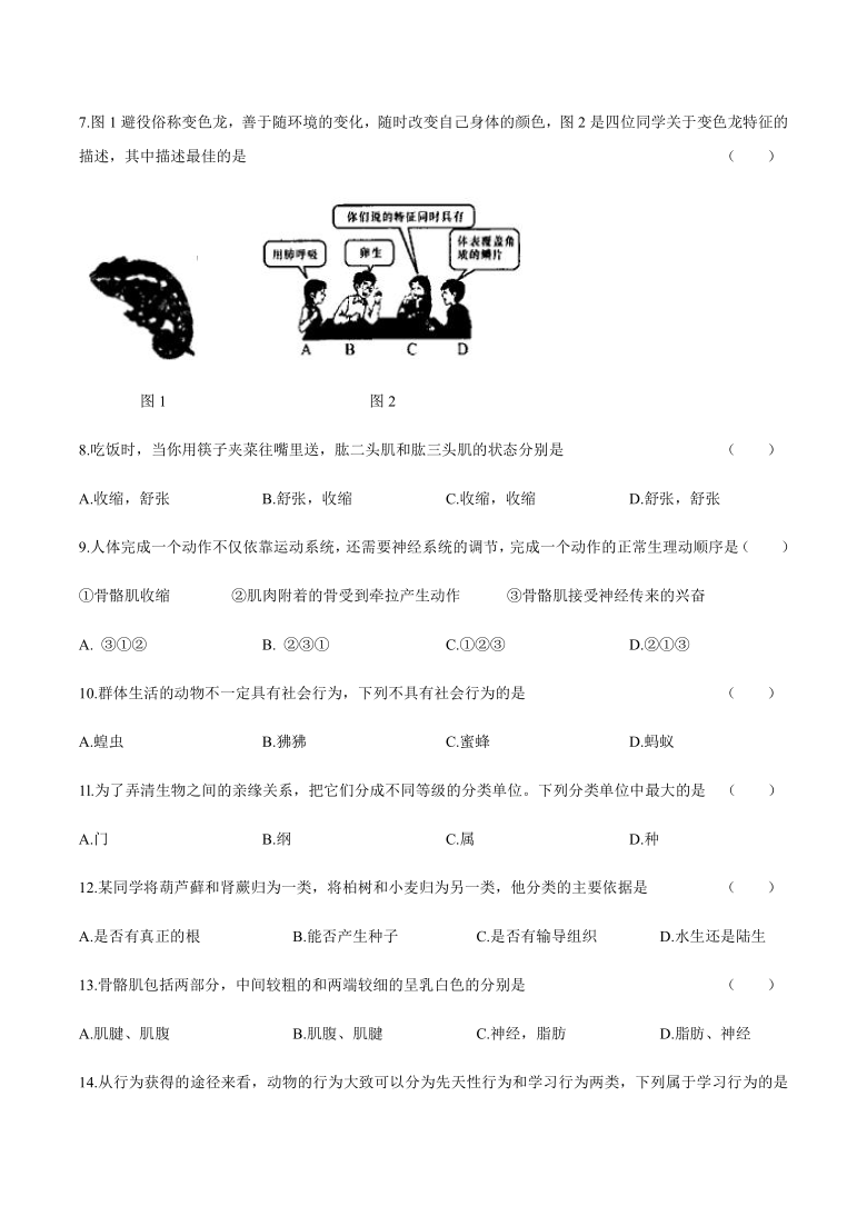 青海省海东市2020-2021学年八年级上学期期末学业水平统一检测生物试题（word版 含答案）