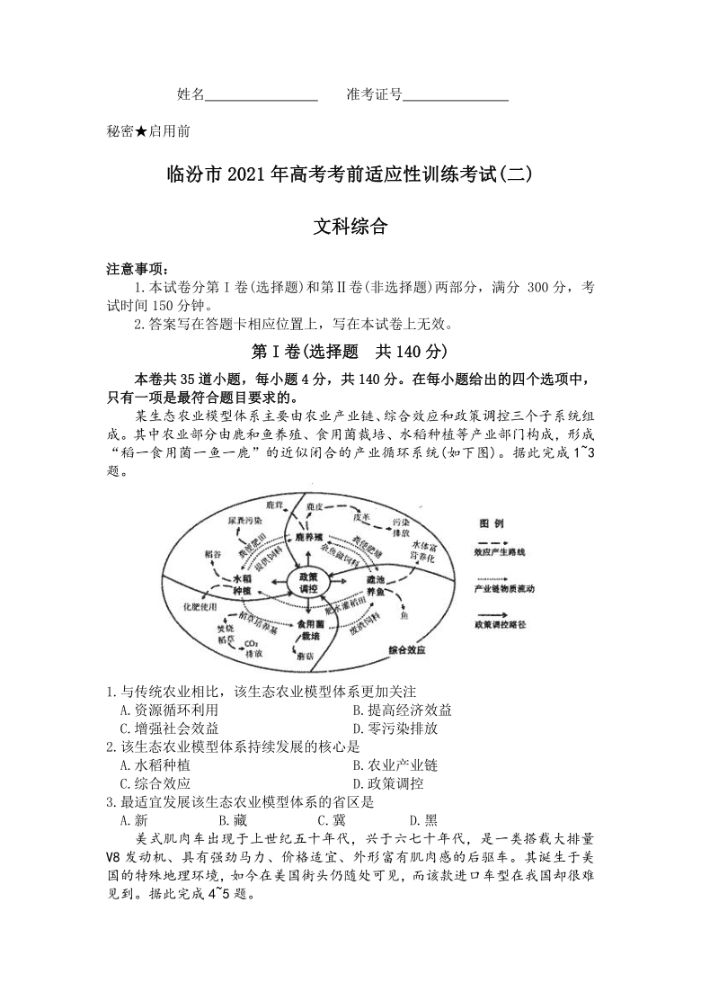 山西省临汾市2021届高三下学期3月考前适应性训练考试（二）文科综合试题 Word版含答案