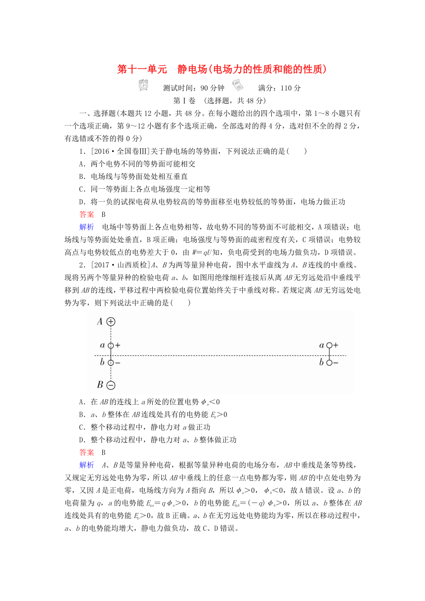 2017届河南安阳洹北中学高考物理真题与模拟单元重组卷：第十一单元 静电场电场力的性质和能的性质