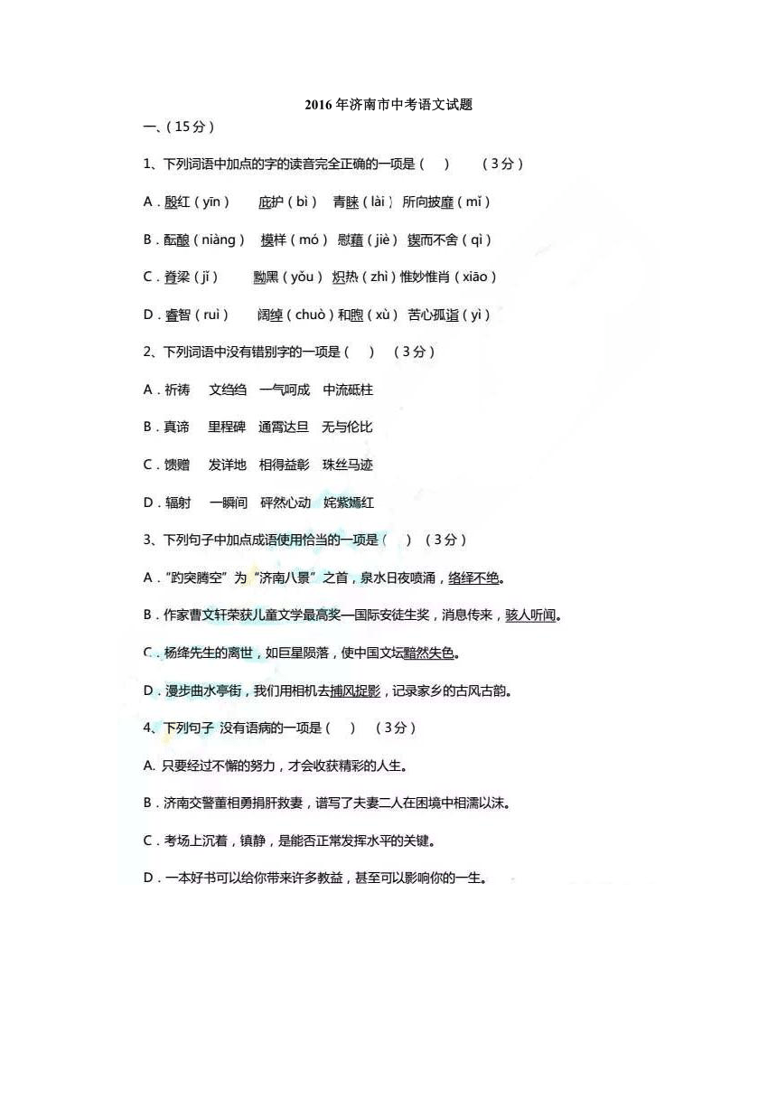 山东省济南市2016年中考语文试题（图片版，含答案）