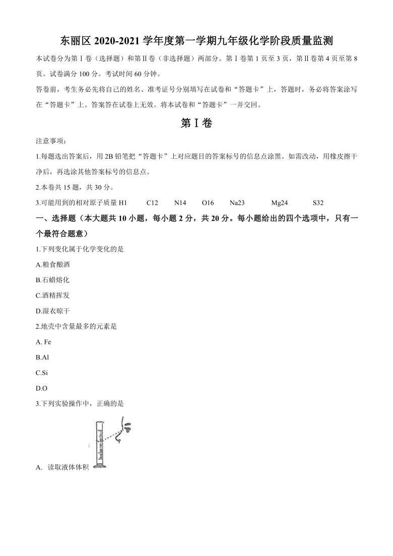 天津市东丽区2020-2021学年度九年级上学期期中考试化学试题(无答案)