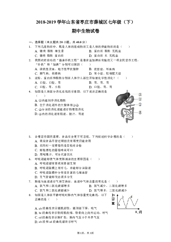 2018-2019学年山东省枣庄市薛城区七年级（下）期中生物试卷-普通用卷