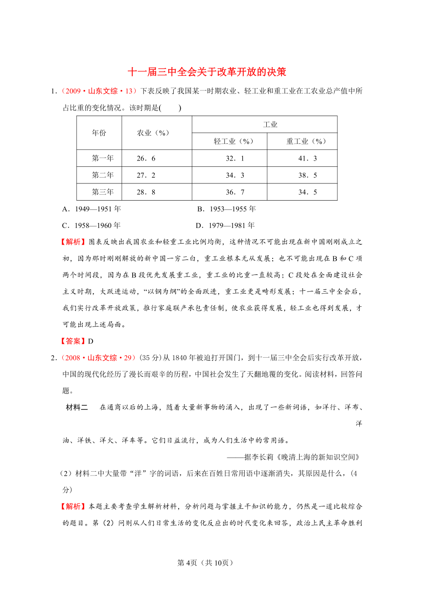 2007—2013年山东省高考历史试题分解（中国现代史）