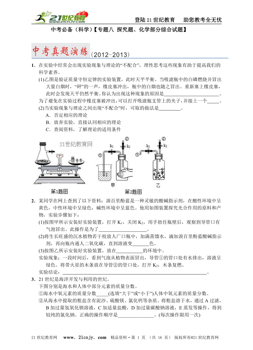 2014年中考必备【专题八 探究题：化学部分综合试题】