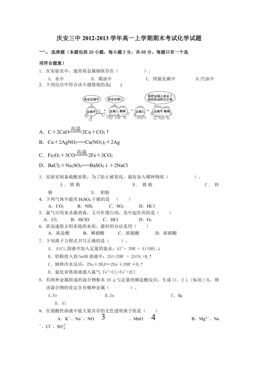 黑龙江省庆安三中2012-2013学年高一上学期期末考试化学试题