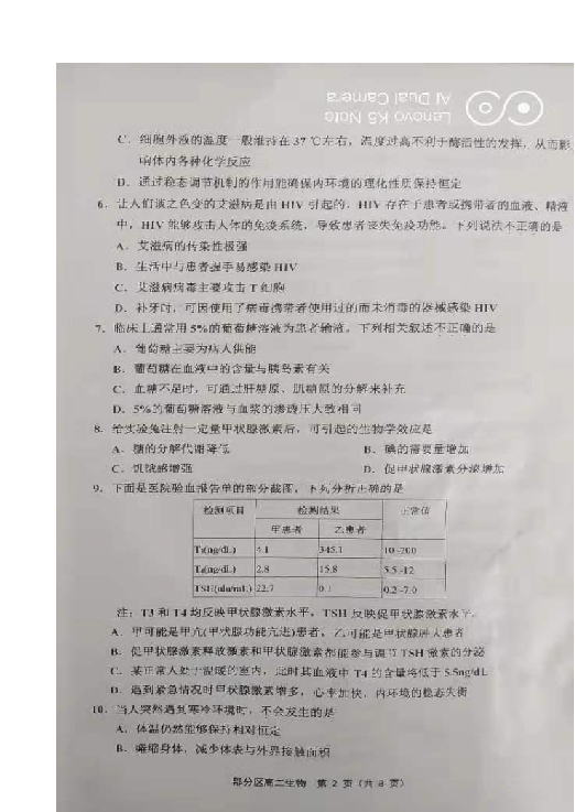 天津市部分区2019-2020学年高二上学期期中练习生物试题 扫描版含答案