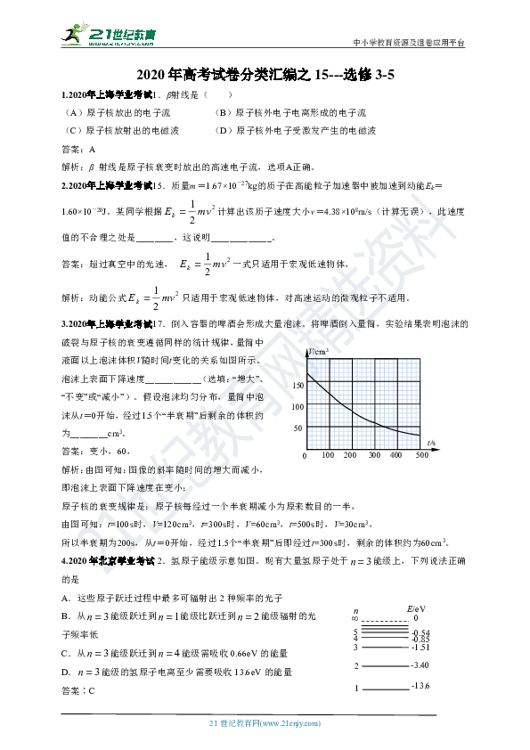 2020年高考物理试卷分类汇编之15-选修3-5（含解析）