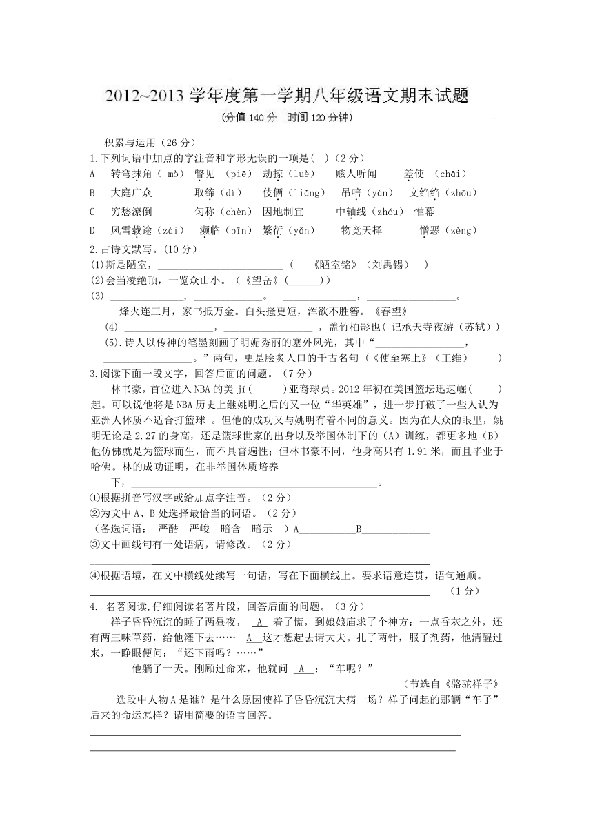 江苏省睢宁县新世纪中学2012-2013学年八年级上学期期末考试语文试题（无答案）