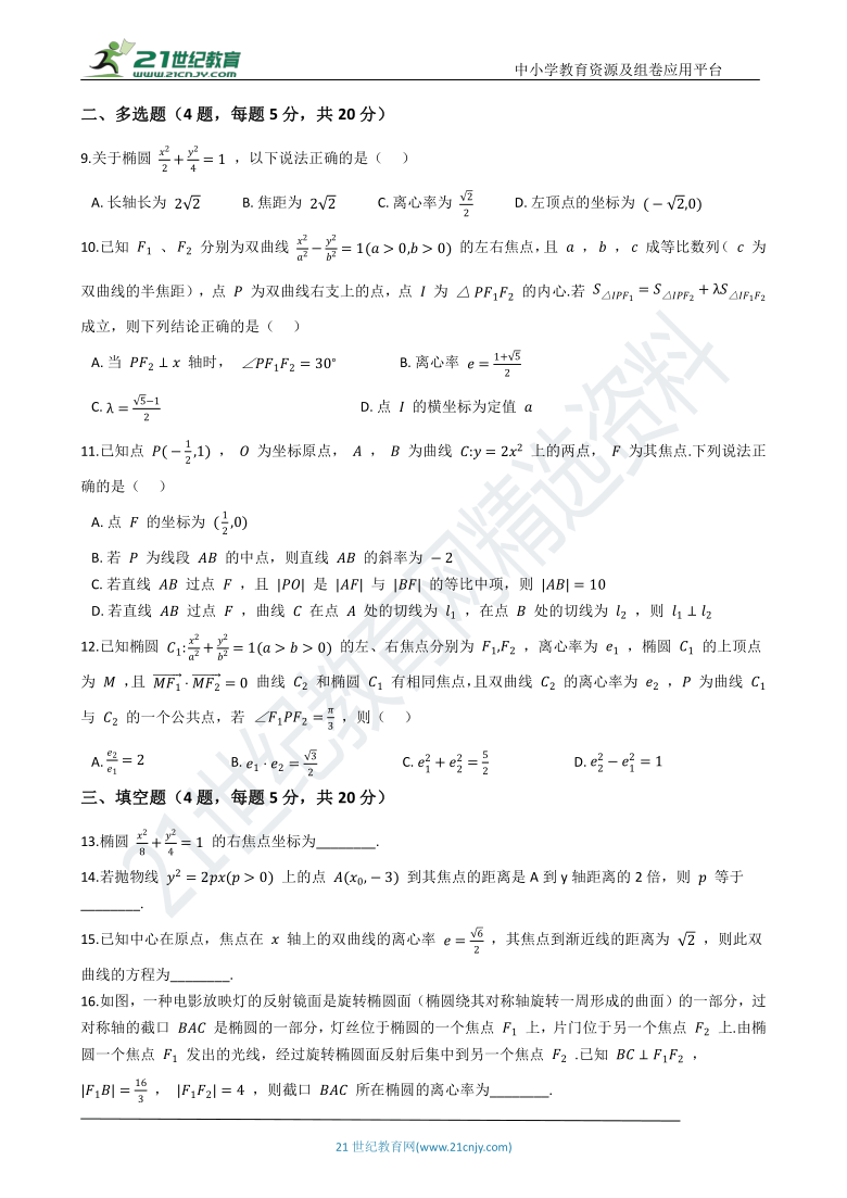 人教A版（2019） 选择性必修 第一册 第三章 圆锥曲线的方程 单元测试（含解析）-21世纪教育网