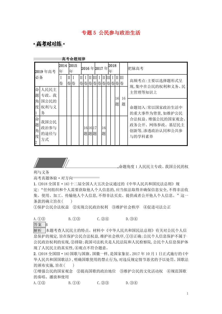 2019届高考政治一轮复习对对练专题5公民参与政治生活（含2018年高考真题）