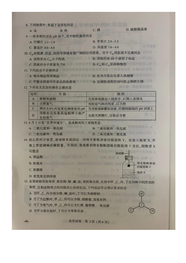 2020年江苏省南京市化学中考试卷及参考答案（图片版，含答案）