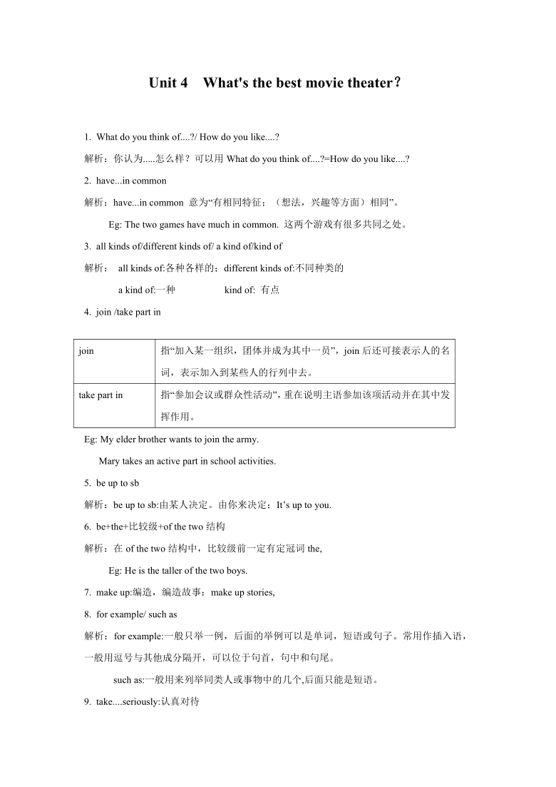 Unit 4  What's the best movie theater？期末知识梳理、习题加练、考点讲解练习