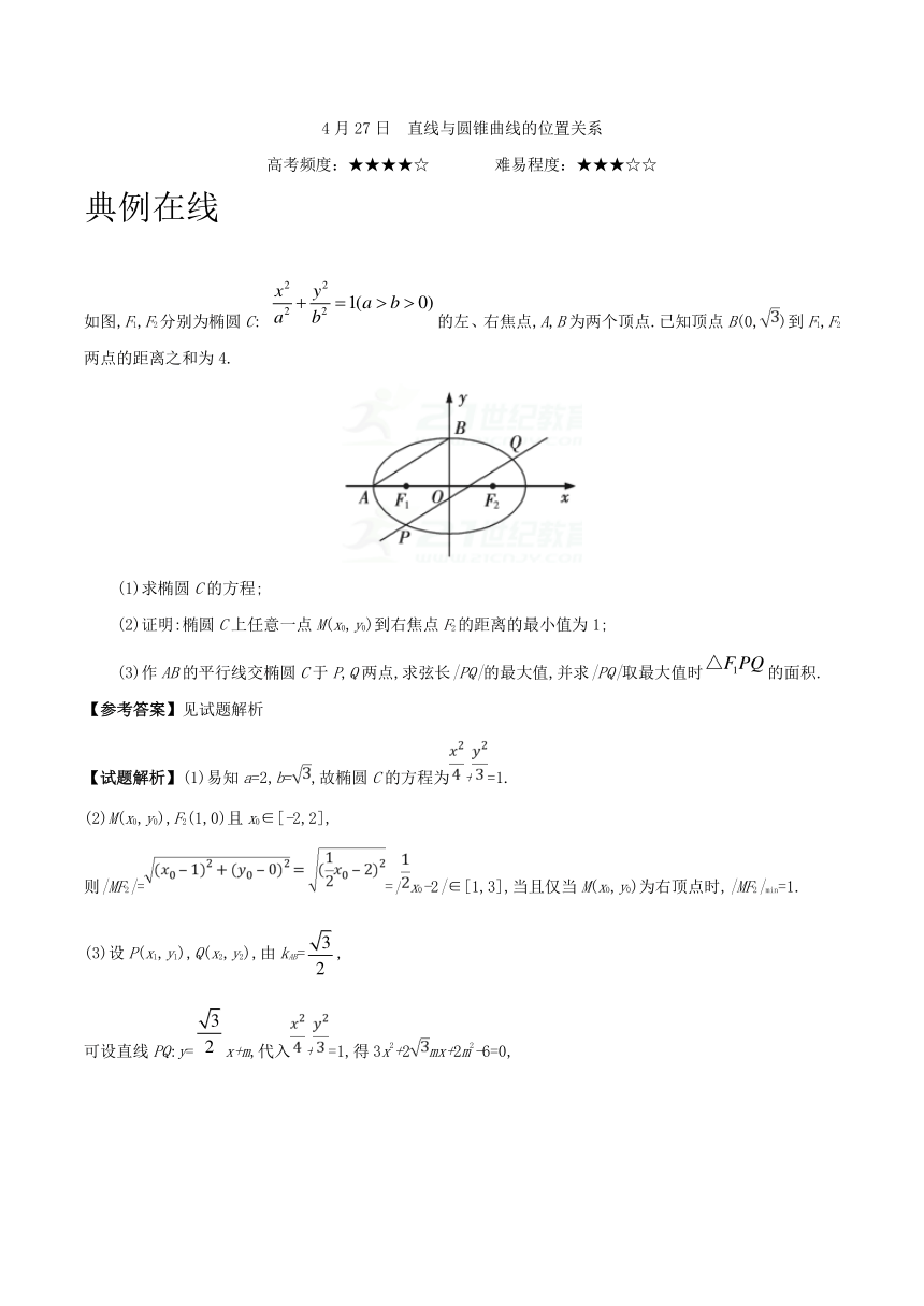 2018年高考数学（理）三轮复习每日一题2018年4月27日+直线与圆锥曲线的位置关系
