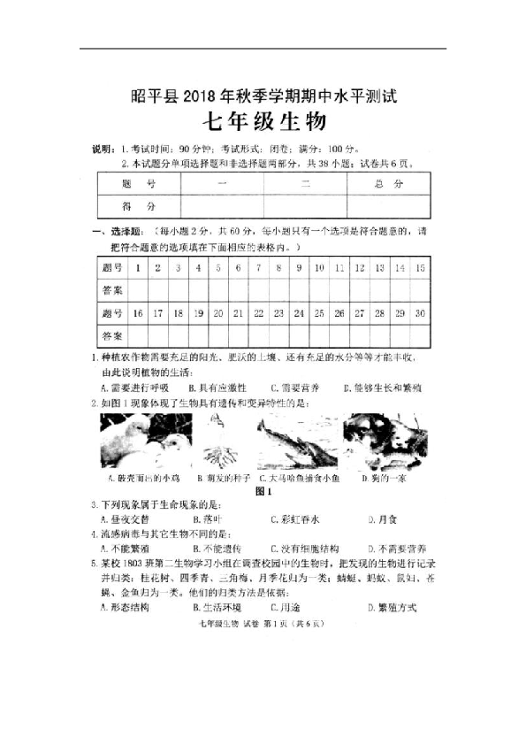 广西省昭平县四中2018-2019学年七年级上学期期中考试生物试卷（扫描版）含答案