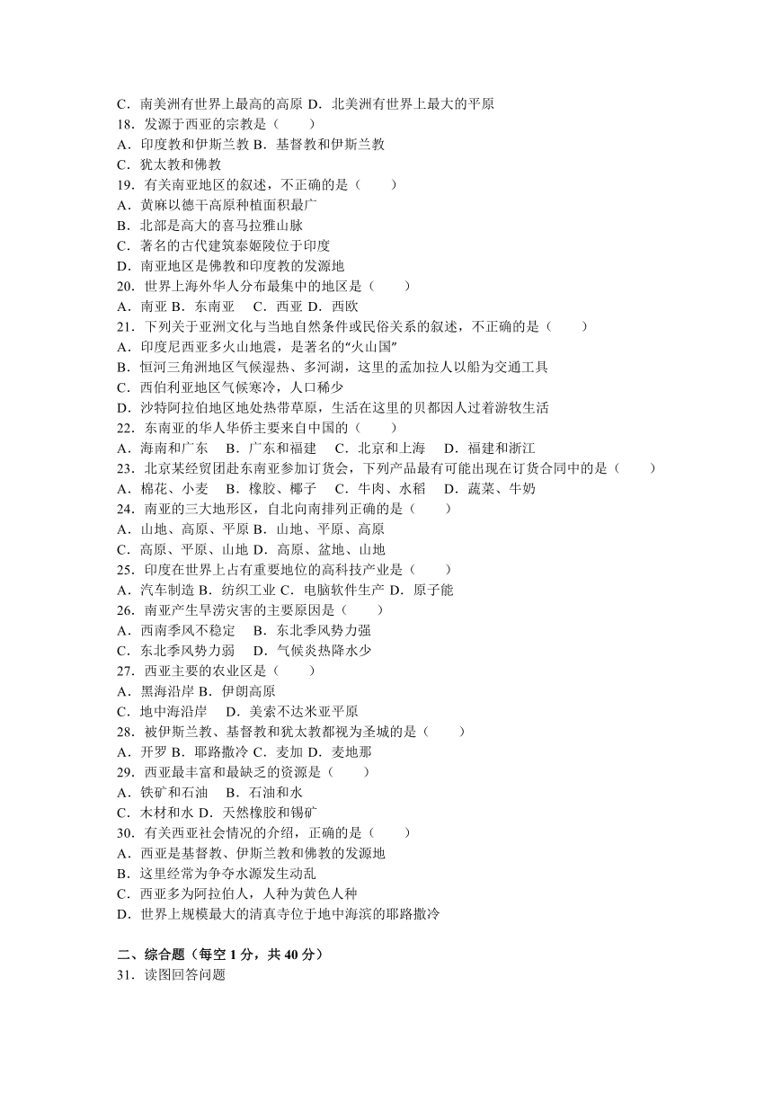 海南省海口九中海甸分校2015-2016学年七年级（下）期中地理试卷（解析版）