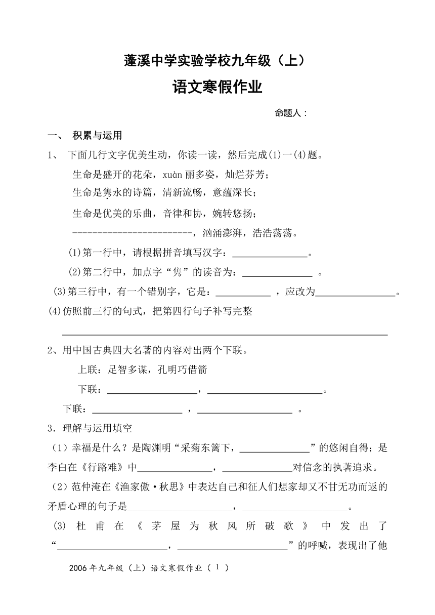 蓬溪中学实验学校九年级（上）语文寒假作业(附答案)[上学期]