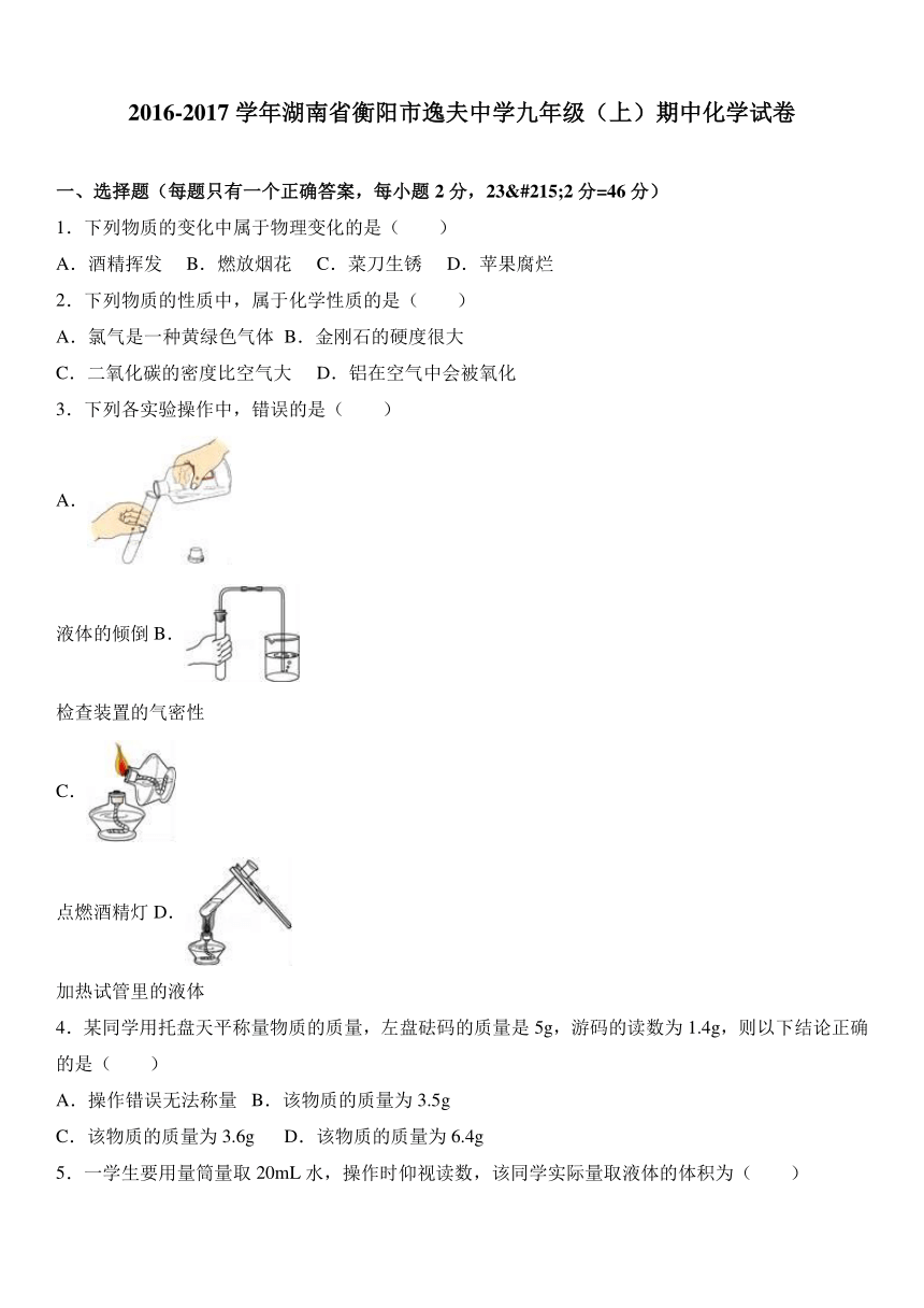 湖南省衡阳市逸夫中学2016-2017学年九年级（上）期中化学试卷（解析版）