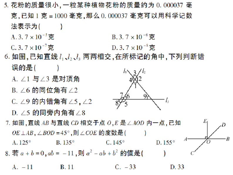 北师大版数学七年级下册周考三试卷（网络月考 PDF版 无答案）