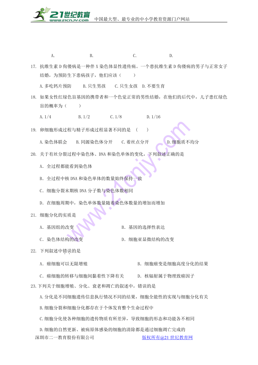 广东省深圳市沙井中学2015-2016学年高一下学期期中考试生物试题（无答案）