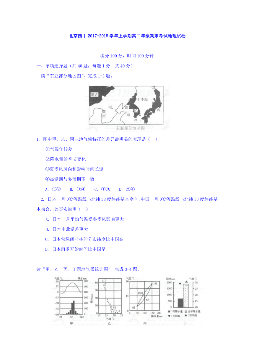 北京市第四中学2017-2018学年高二上学期期末考试地理试题